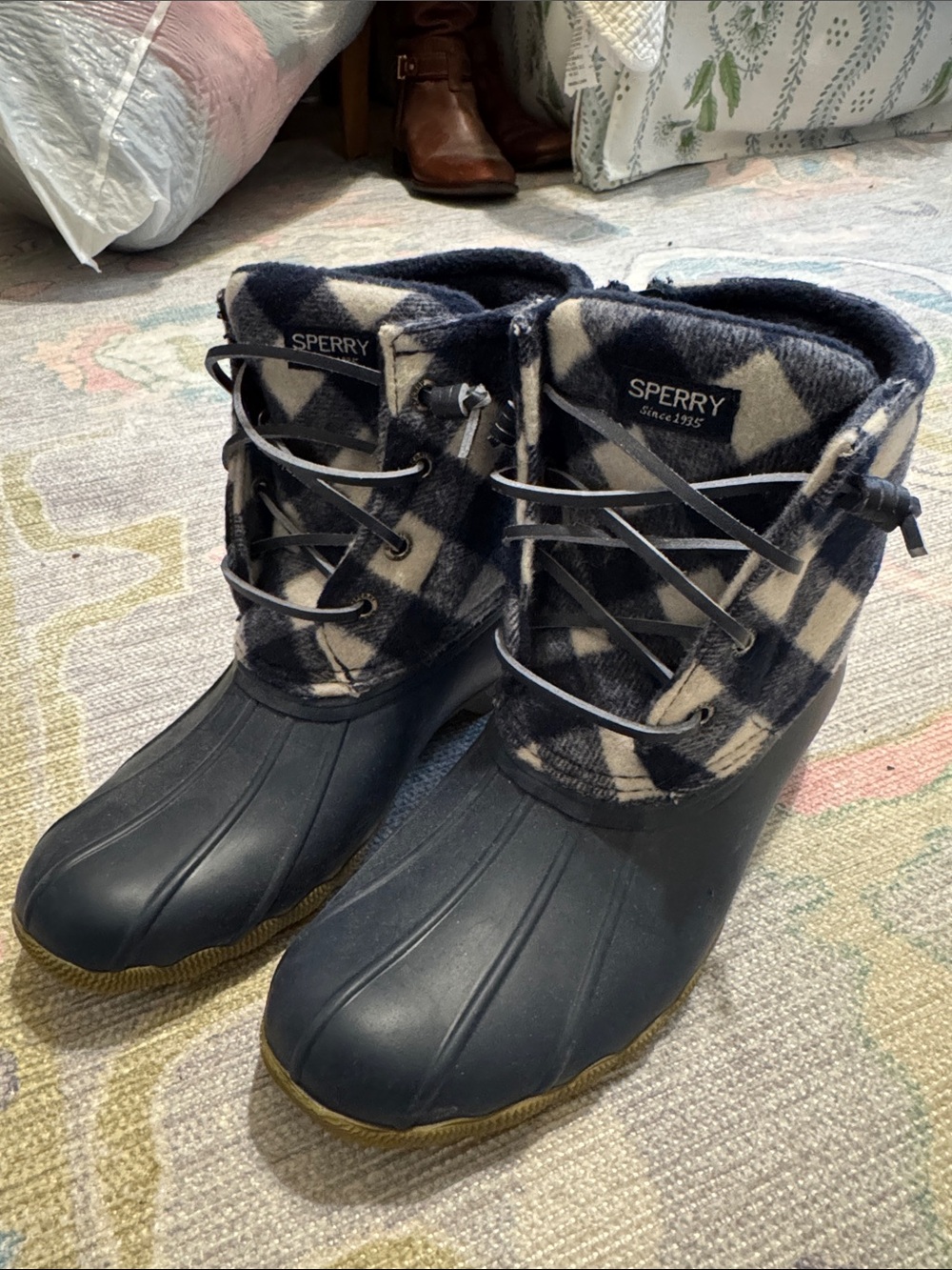 Sperry Navy and Cream Plaid Waterproof Winter Duck Boots